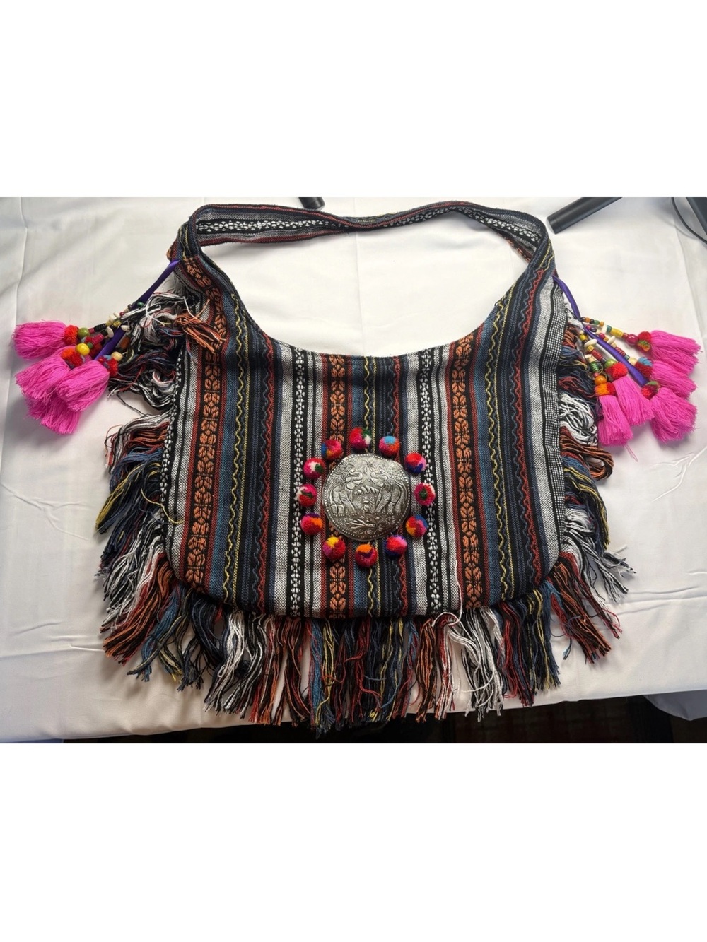 Handwoven Boho Fringe Shoulder Bag in Multicolor with Pink Tassels w/ elephants